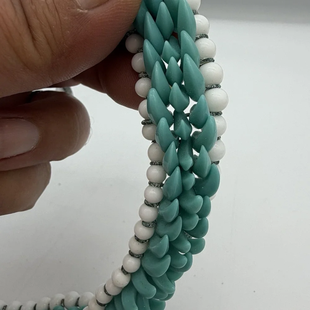 Vtg Haskell Era Turquoise Milk Glass Choker Necklace Hand Made Blue White Spiked